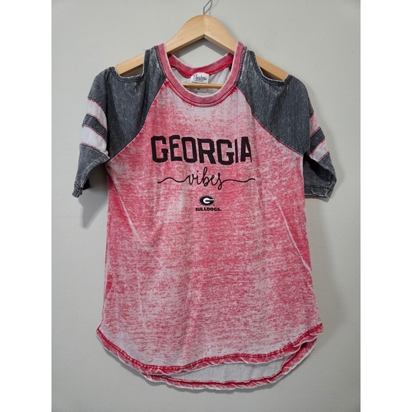 Pressbox Tops - Pressbox Georgia Bulldogs Women Red Burnout Cold Shoulder Raglan T-Shirt Medium